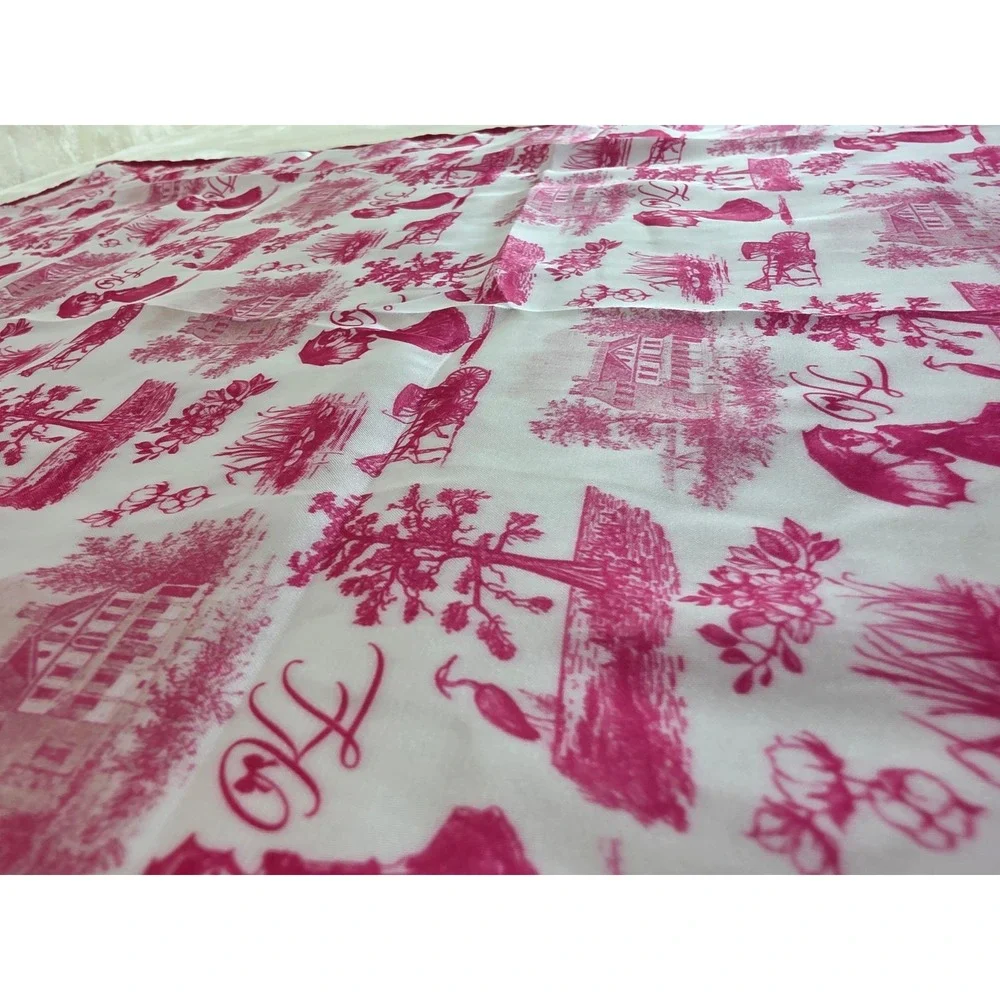 Vintage‎ Style Toile de Jouy Square Scarf Pink White Pastoral Print Monogram FL